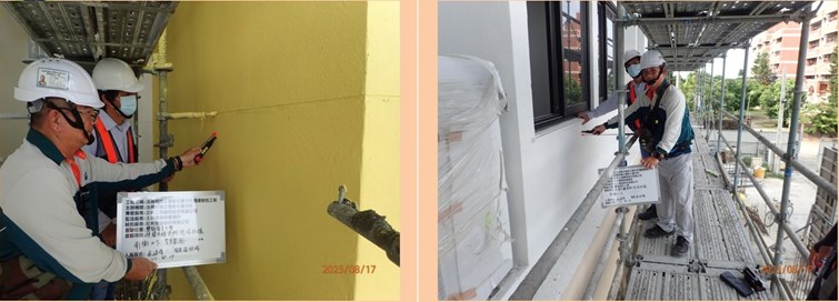 作業人員進行檢驗牆面仿石漆塗布